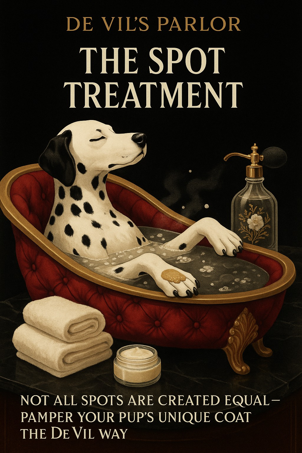A dalmatian dog is taking a bath in a bathtub