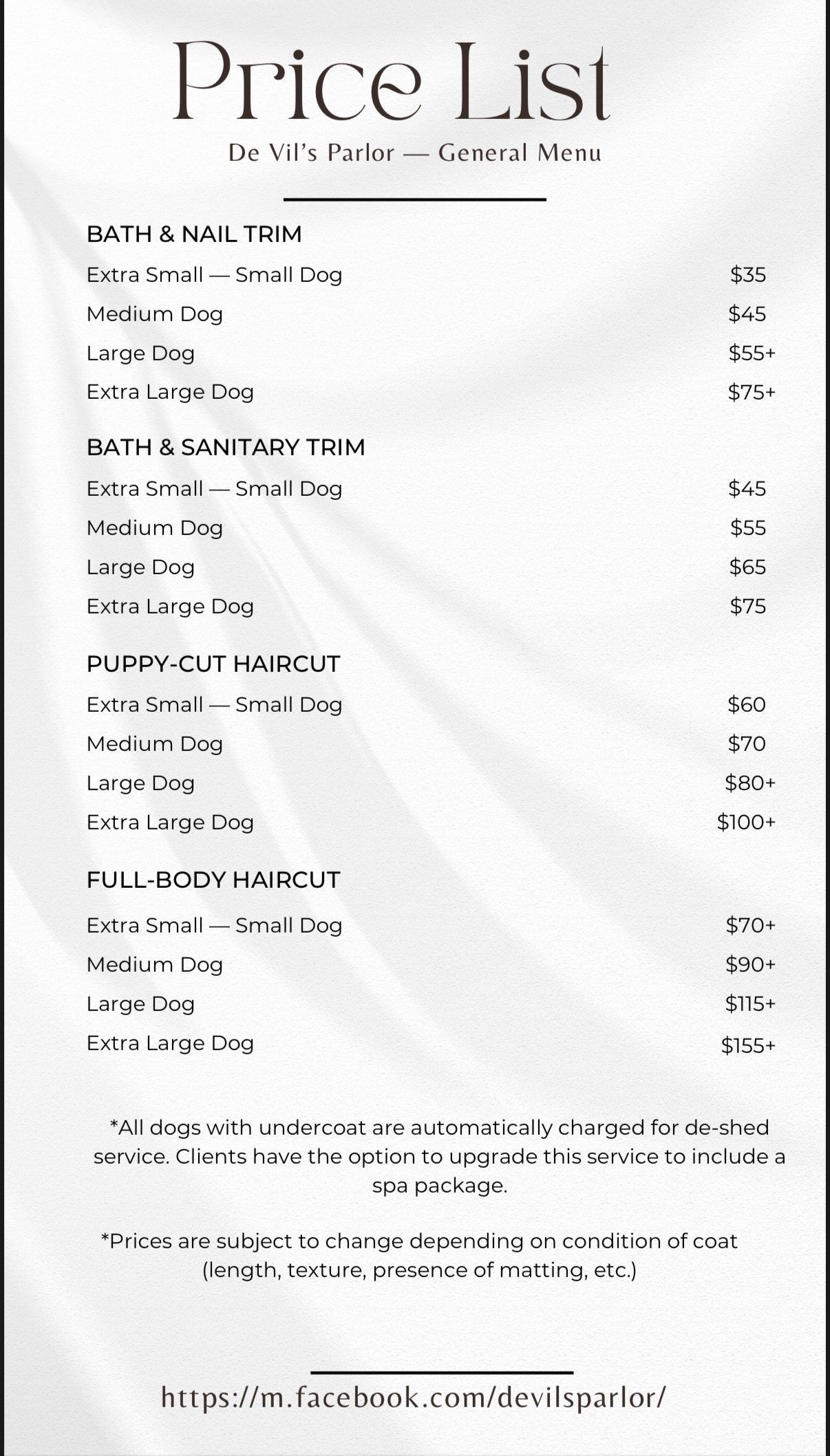 A price list for a dog grooming salon.