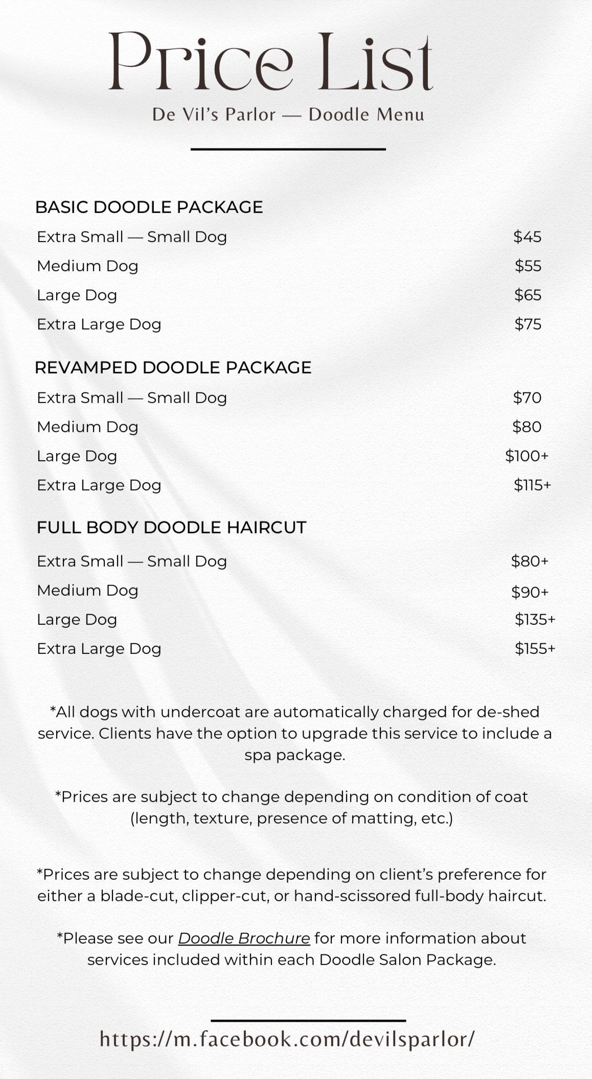 A price list for a dog grooming salon.