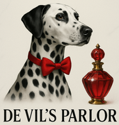 A dalmatian wearing a red bow tie next to a bottle of devil 's parlor perfume