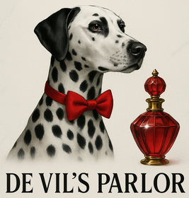 A dalmatian wearing a red bow tie next to a bottle of devil 's parlor perfume
