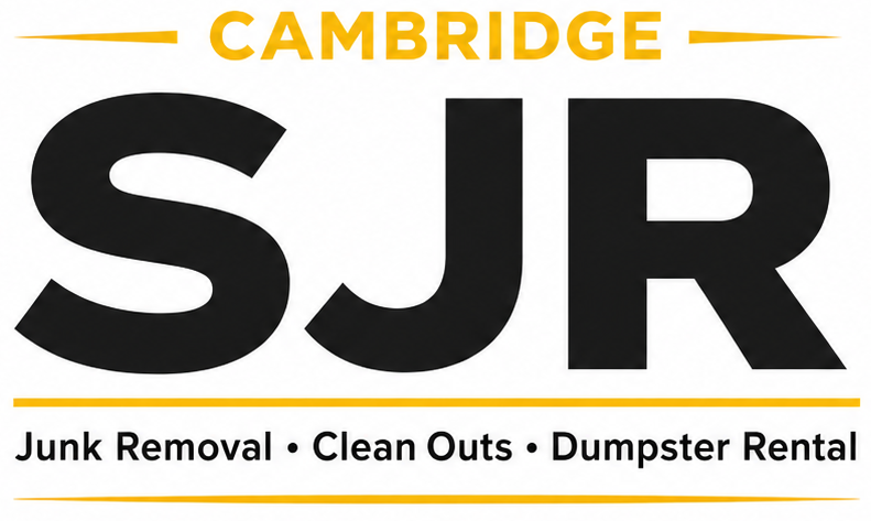 Cambridge SJR logo with junk removal, clean outs, and dumpster rental services