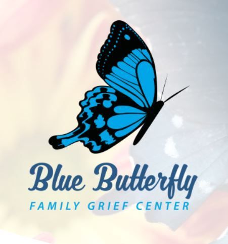 Blue butterfly family grief center logo with a blue butterfly