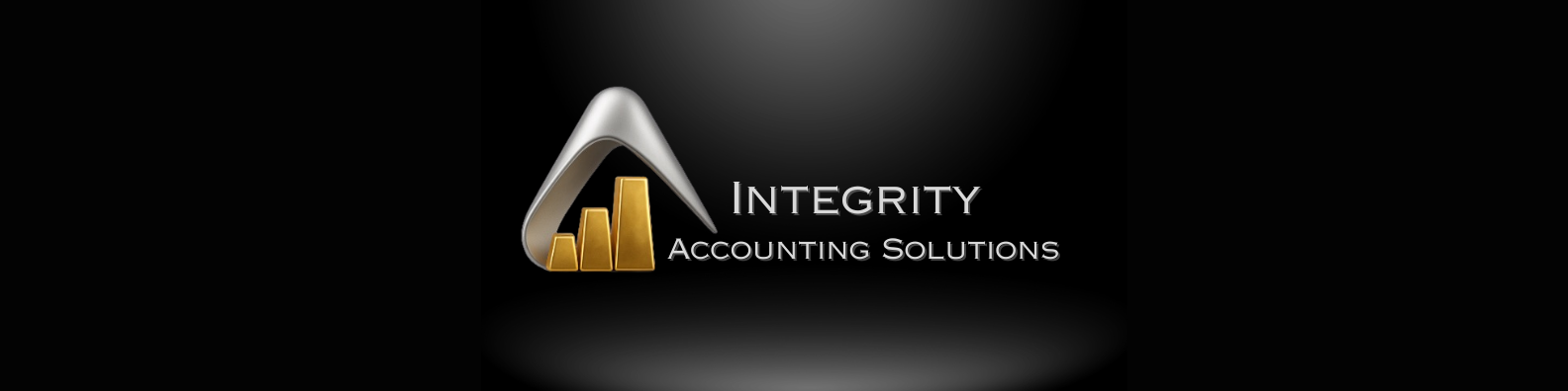 Logo for Integrity Accounting Solutions with a silver abstract shape and gold bars on a black background.
