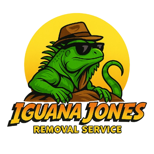 Green iguana in a hat and sunglasses, logo for "Iguana Jones Removal Service."