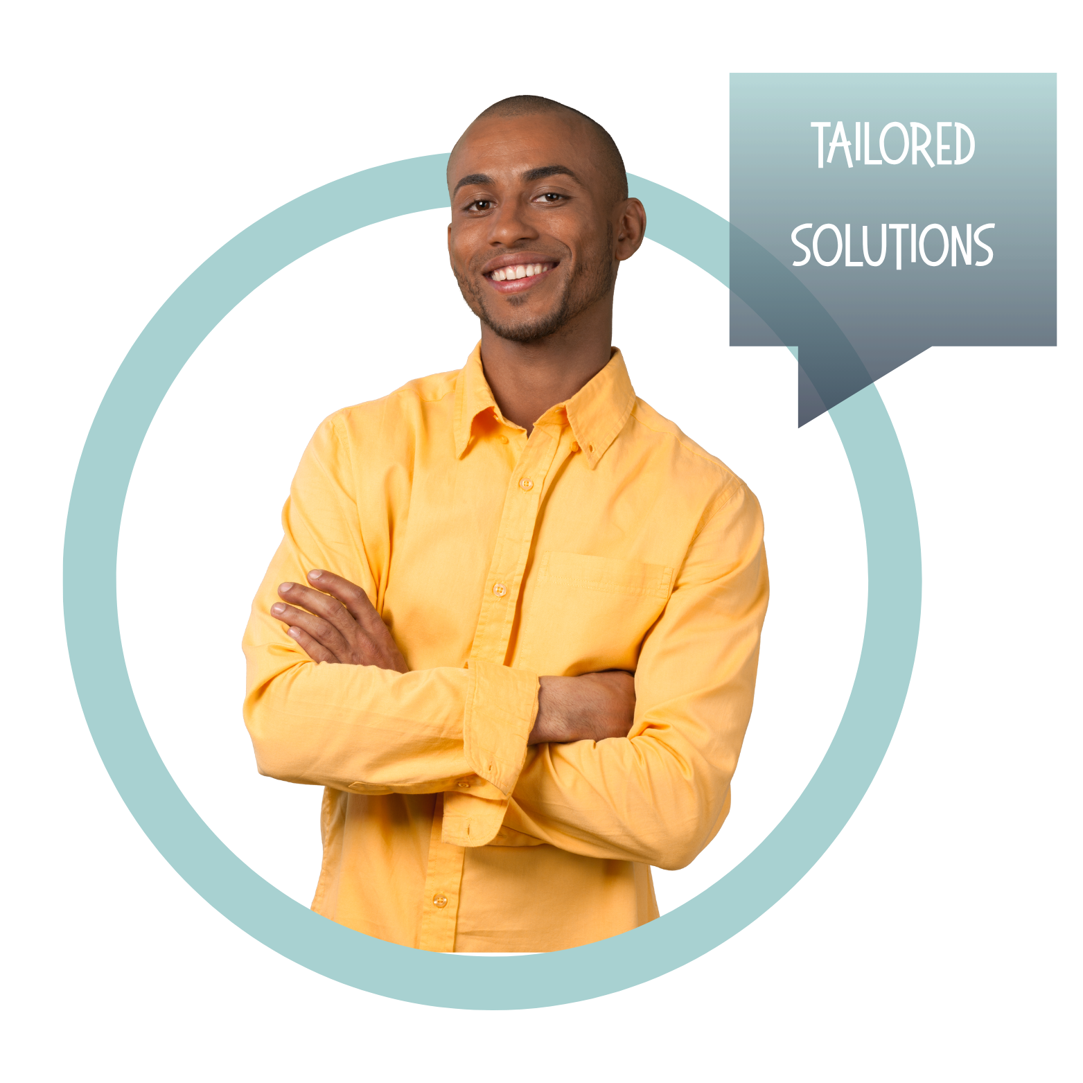 Smiling person with arms crossed, in a yellow shirt, inside a blue circle with "TAILORED SOLUTIONS" text.