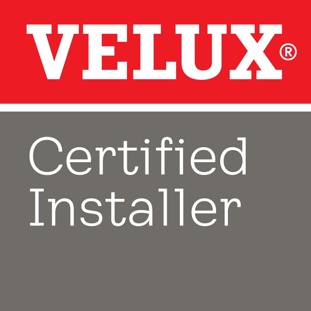 Velux Certified Installer logo: Red hexagon with text, checkmark, and Velux logo.