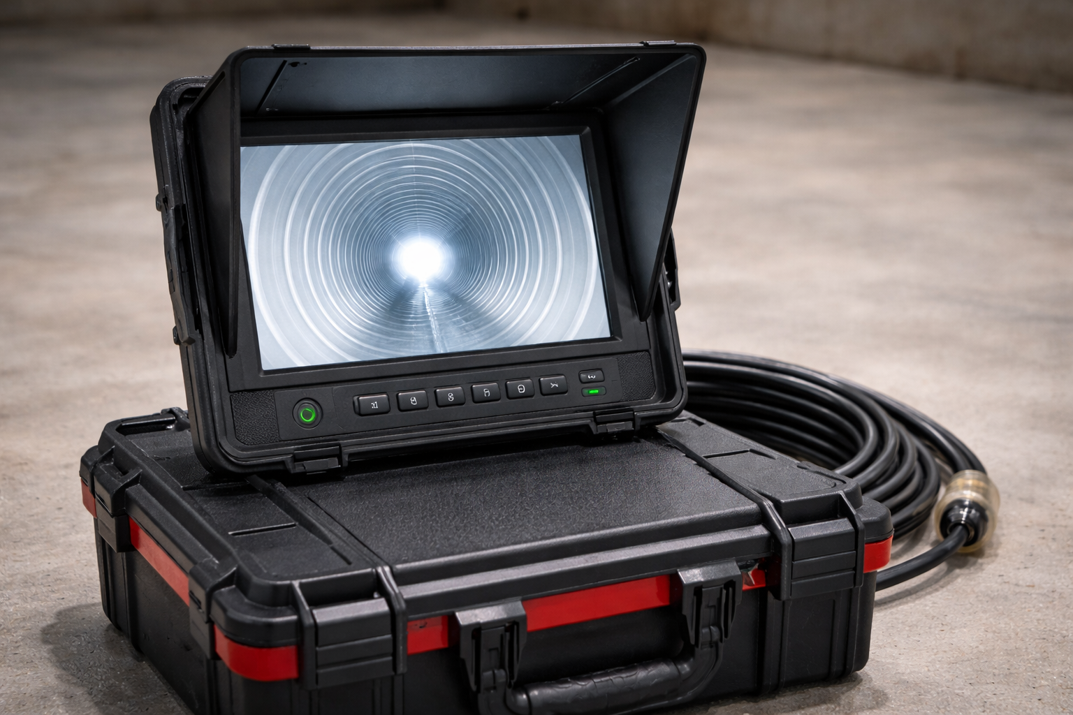 A drain inspection camera displays a circular tunnel illuminated by a light. The camera sits atop a black case.