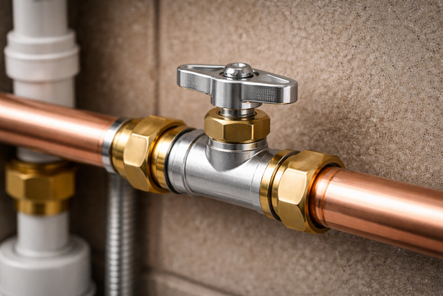 Copper pipes with a silver valve, connected with brass fittings, against a beige wall.