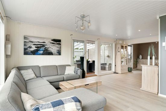 A man with a beard is standing in front of a palm tree.