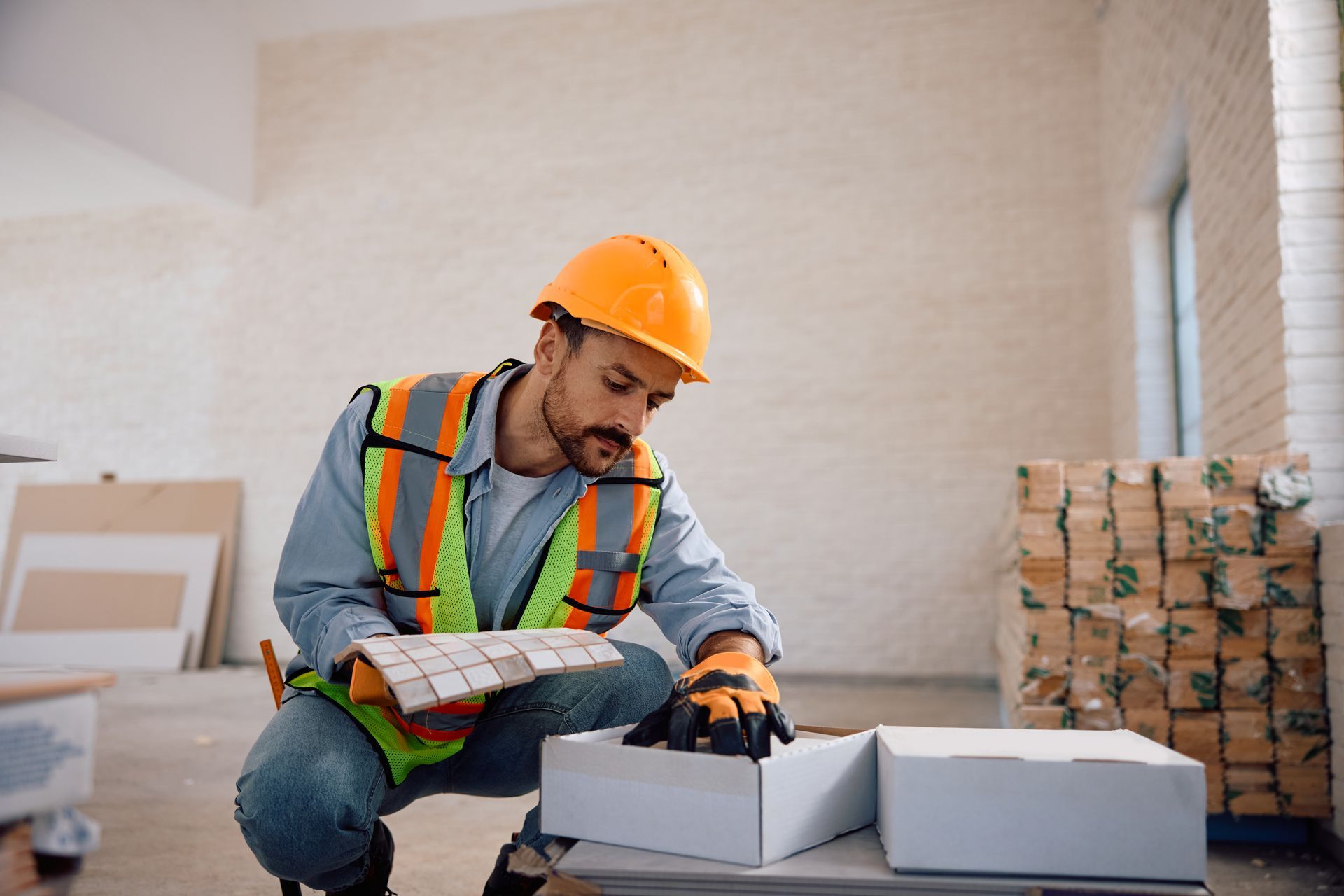 Construction worker wearing safety gear examines tiles in a room with supplies.