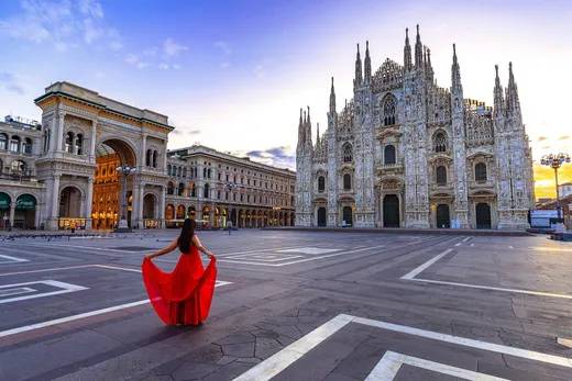 Woman in red at Milan Cathedral
