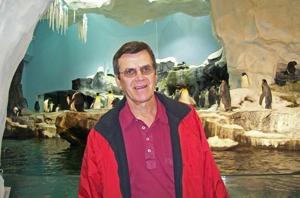 Man in red jacket smiles in front of penguin exhibit with faux ice cave and pool.