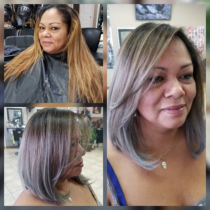 three in one photo turn long brown hair in to a medium hair cut colored light brown