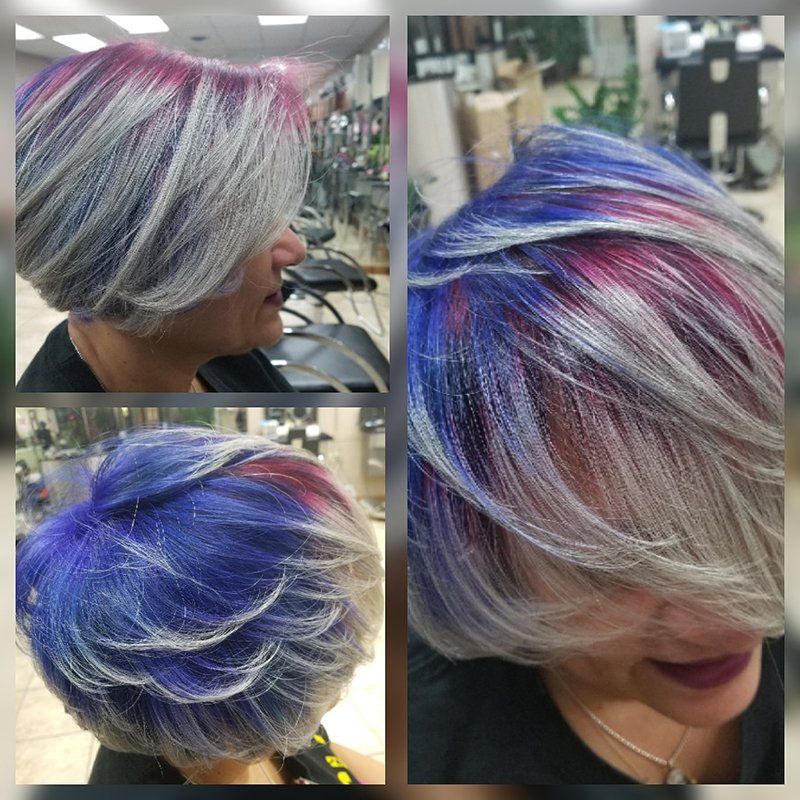 three photos in one showing short hair cut with blue, gray and purple  color hair