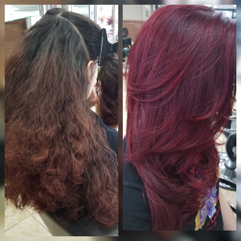 a before and after photo of a brown frizzy hair turning into burgundy straight hair