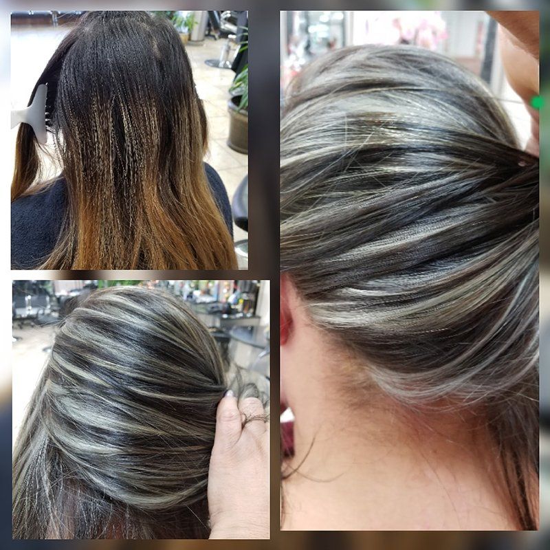 a before and after photo of a brown wavy hair turning into ash grey highlights