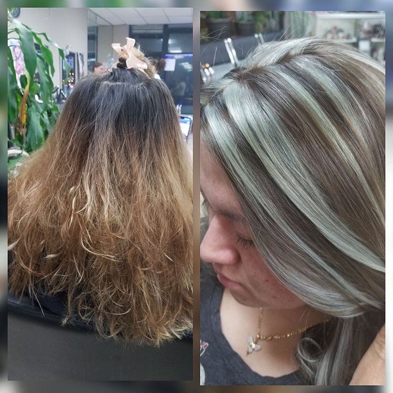 a before and after photo of a brown frizzy hair turning into blond brown highlights