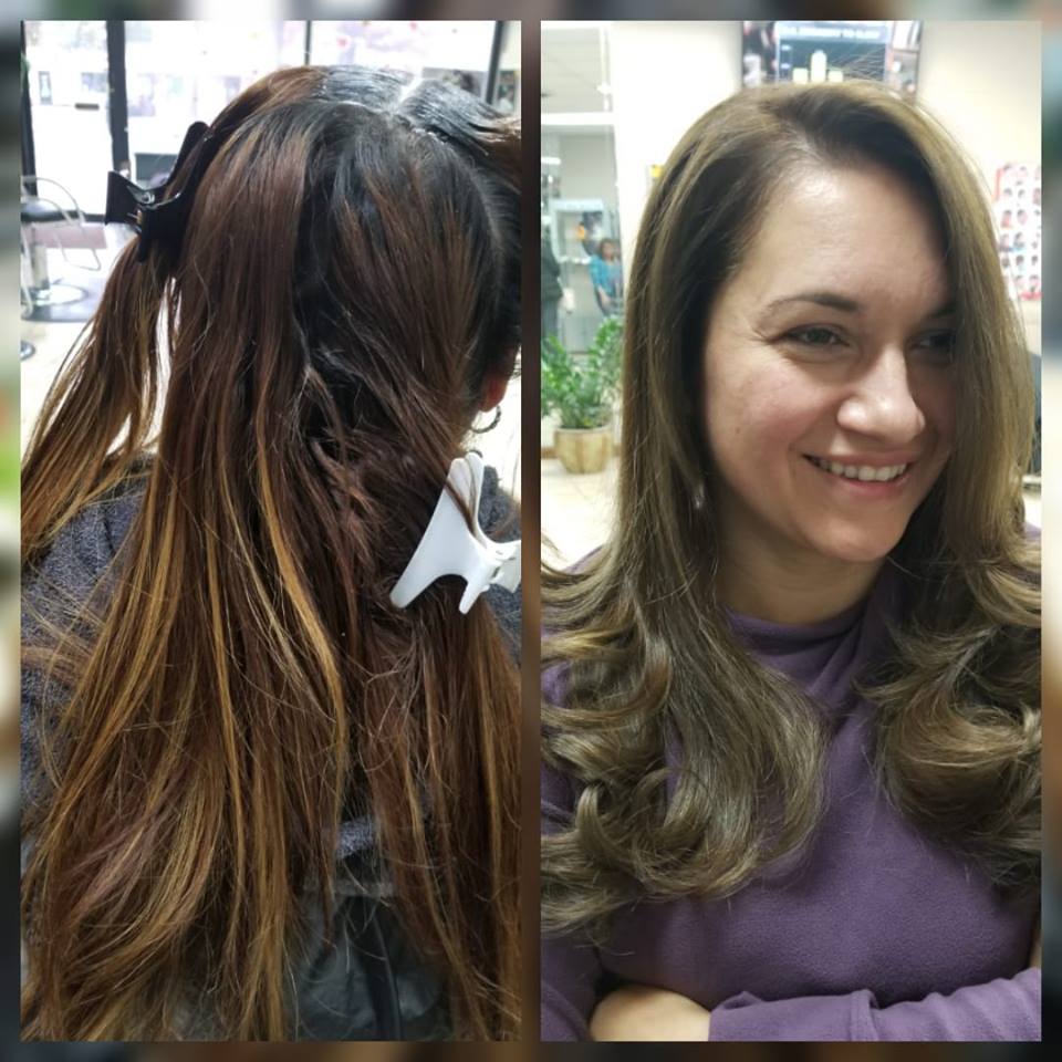 a before and after photo of a woman with long hair getting new highlight