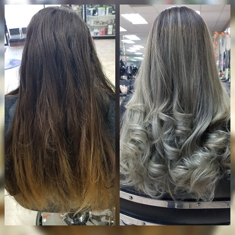 a before and after photo of a brown wavy hair turning into ash grey colored curly hair