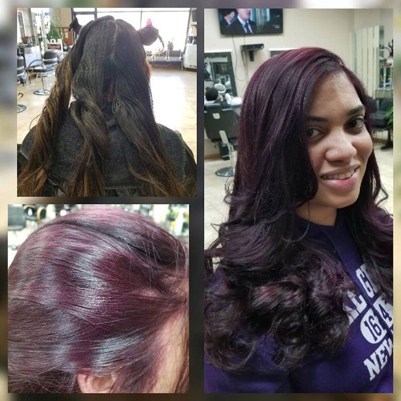 three in one photo showing the process of a new hair style and dyed burgundy hair