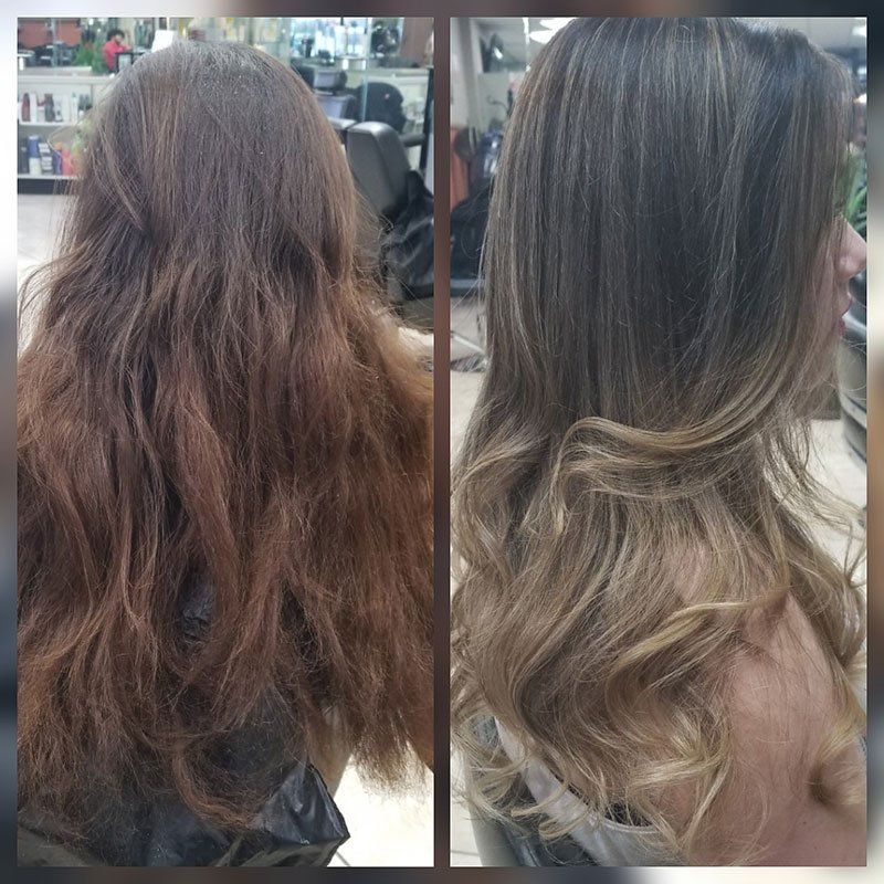 a before and after photo of a brown frizzy hair turning into blond highlights