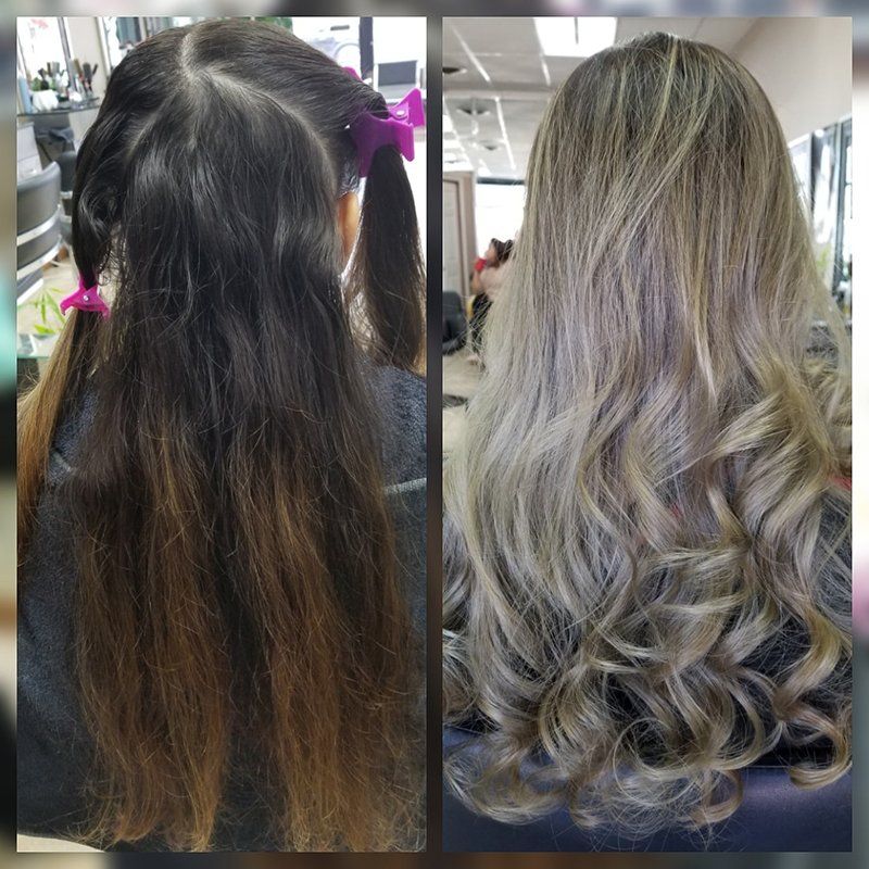 a before and after photo of a brown frizzy hair turning into light blond curly hair