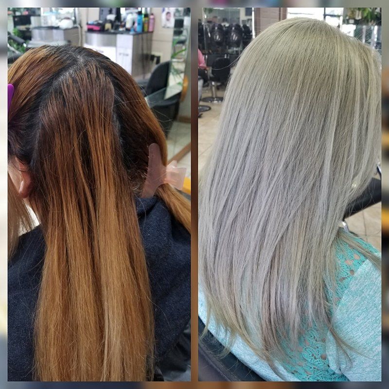 a before and after photo turning long brown hair into a trimmed and light blond hair style