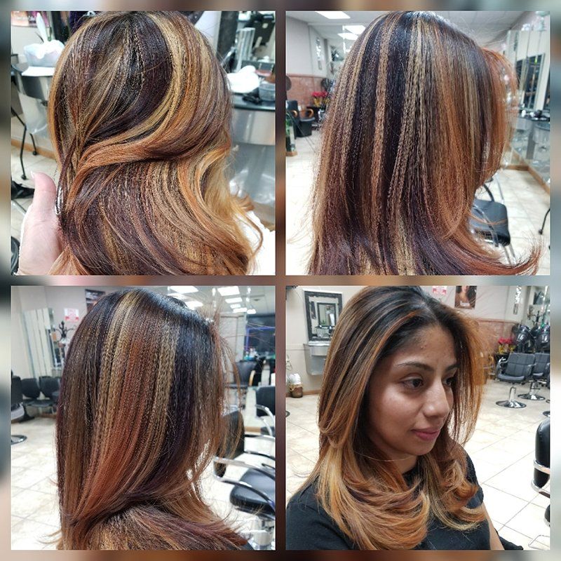 4 in one photo showing brown highlighted colored long hair