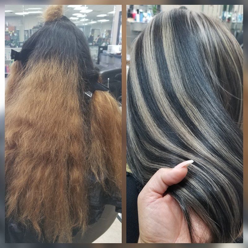 a before and after photo of a brown frizzy hair turning into blond highlights