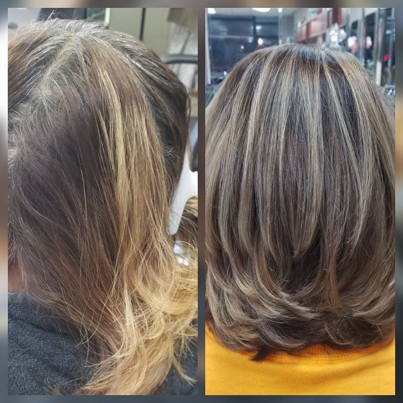 a before and after photo frizzy long brown hair into medium layered cut with blond highlights