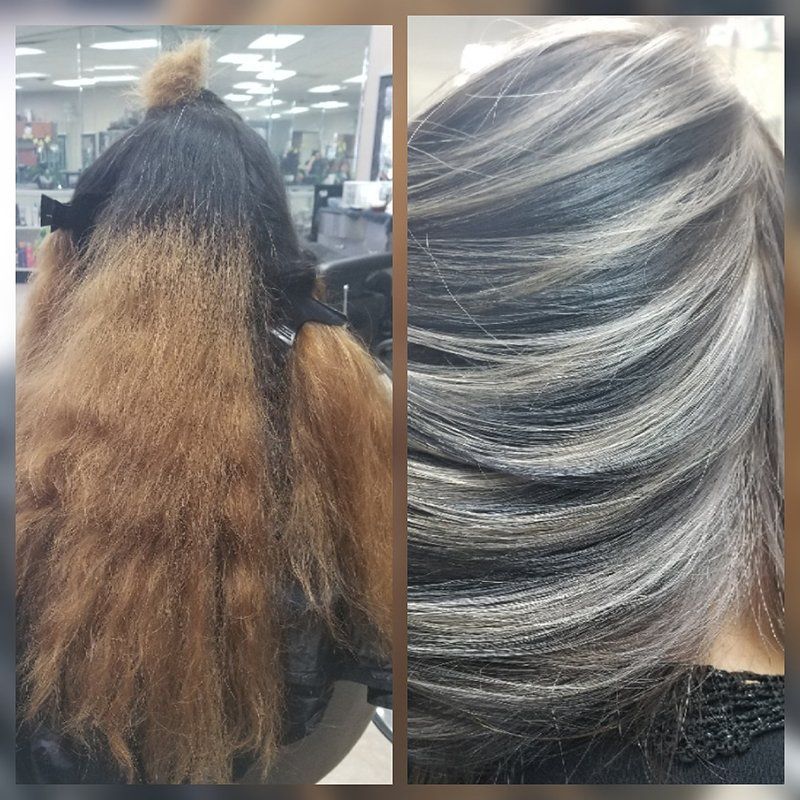 a before and after photo of a brown frizzy hair turning into ash grey and blond highlights