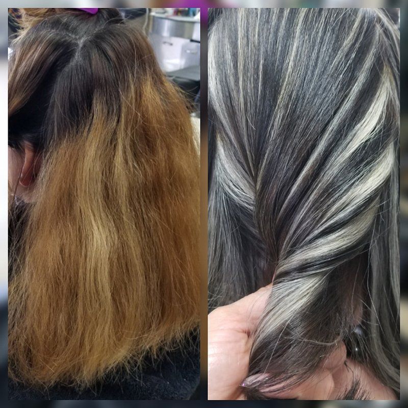 a before and after photo of a brown frizzy hair turning into ash grey and blond highlights