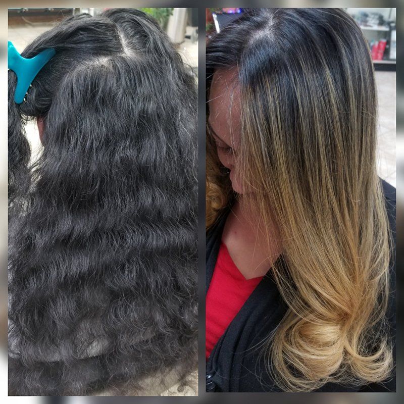a before and after photo of a black frizzy curly hair turning into blond highlight straight hair