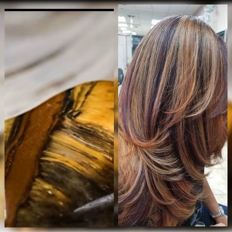 a before and after photo of  a close up hair with yellow dye turning into full blond and brown highlight straight hair