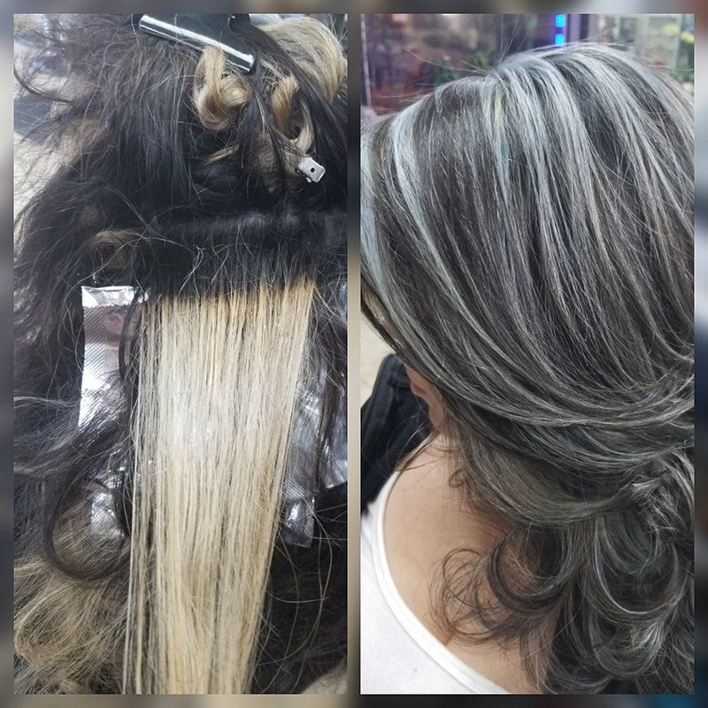 a before and after photo of a hair prepping for highlight process into a ash grey highlighted hair