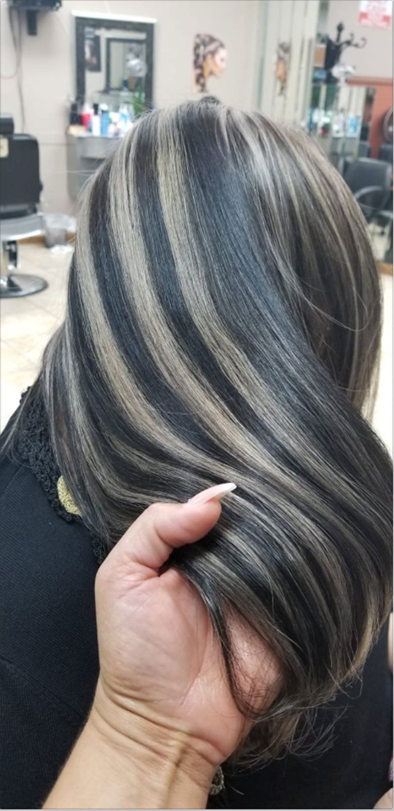 long ash grey and blond highlights