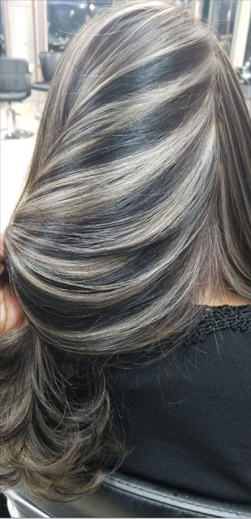 long ash grey and blond highlights