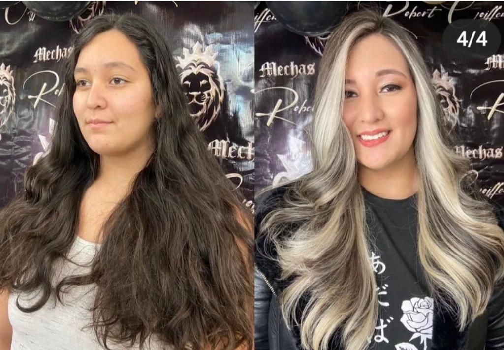 a before and after photo of brunet haired woman changing hair to a blond highlight hair