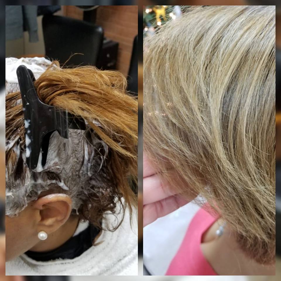 a before and after photo of a close up of hair being  colored