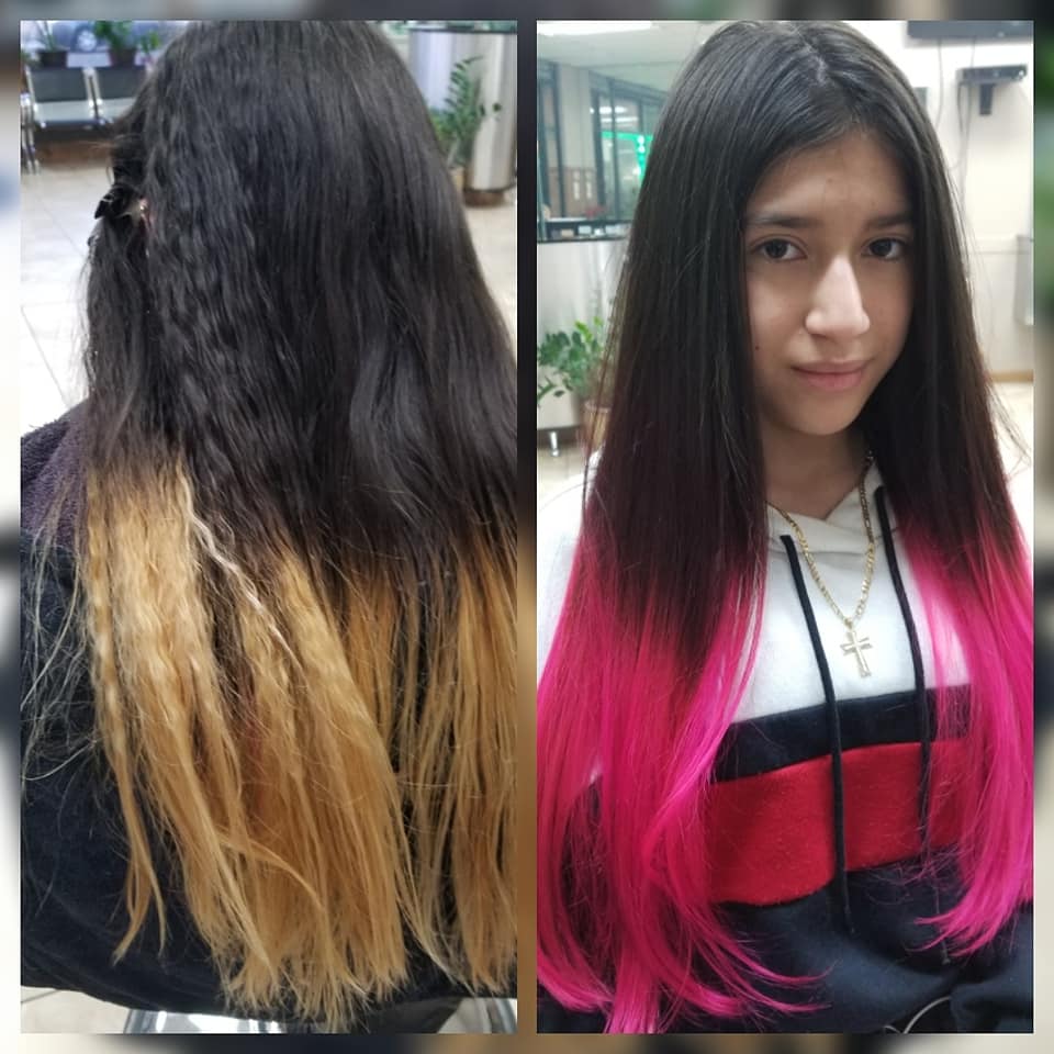 a before and after photo of hair highlight from blond to hot pink tips