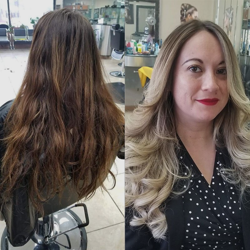 a before and after photo of brunet haired woman changing hair to a blond highlight hair