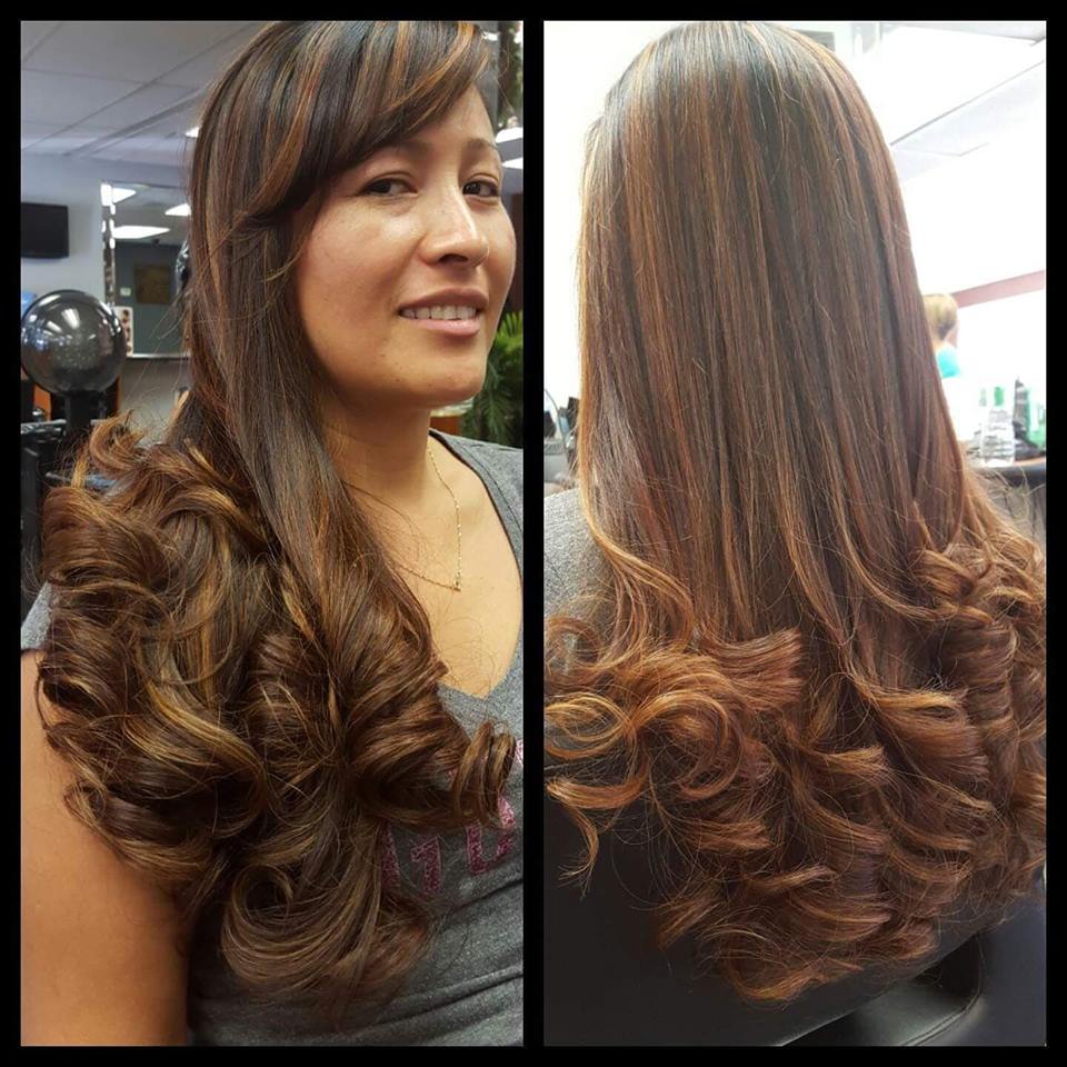 two photos in one , finished straight long brown hair that has the bottom curly