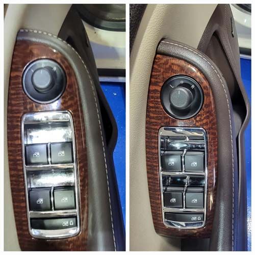 A collage of two pictures of a car 's door controls