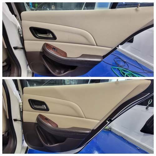 Two pictures of a car door before and after being cleaned.