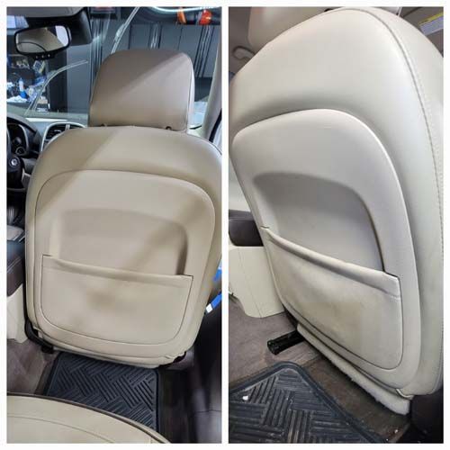 A picture of a car seat before and after being cleaned.
