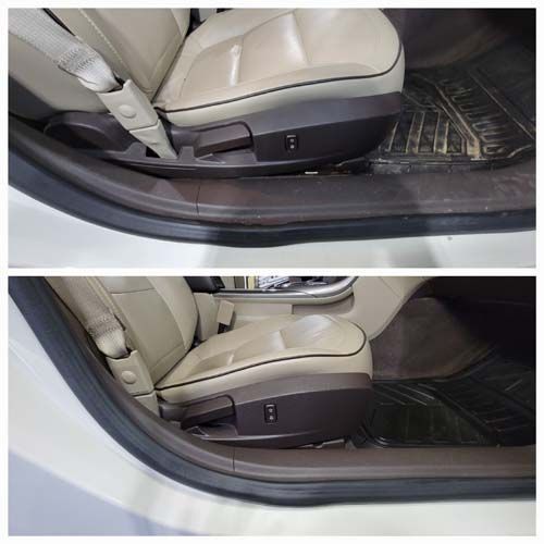Two pictures of a car seat before and after being cleaned.