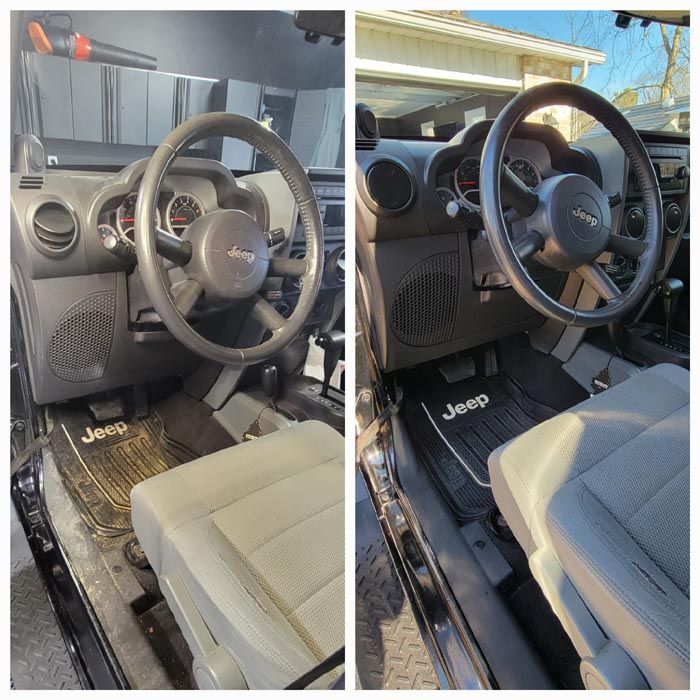 A before and after picture of the interior of a jeep