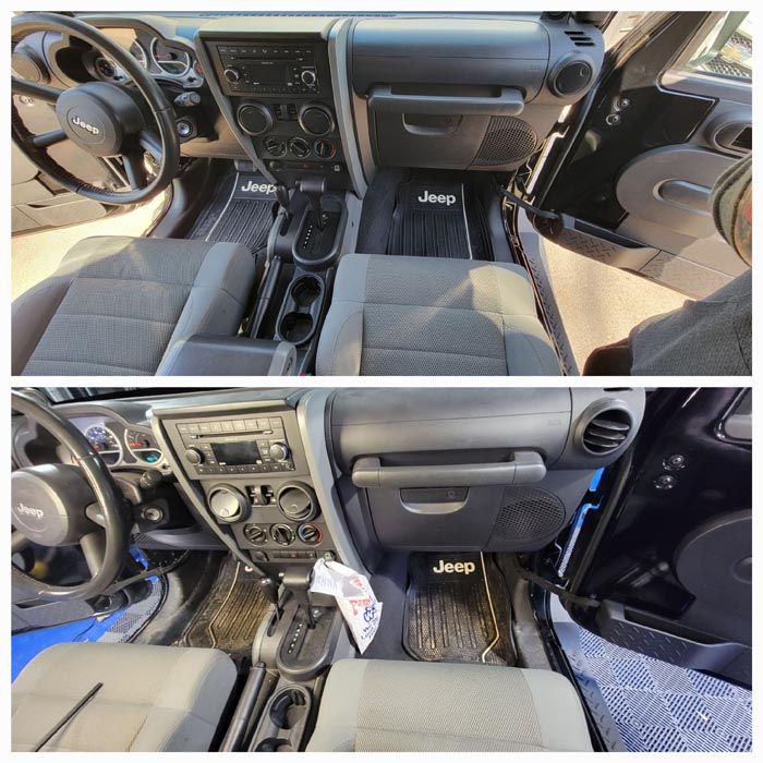 The interior of a jeep wrangler is shown before and after being cleaned.
