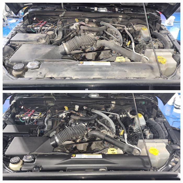A before and after picture of a jeep engine being cleaned.